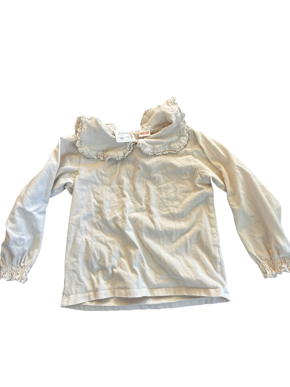 Zara 4-5 Girls Cream Long-Sleeve Top with Ruffle Collar